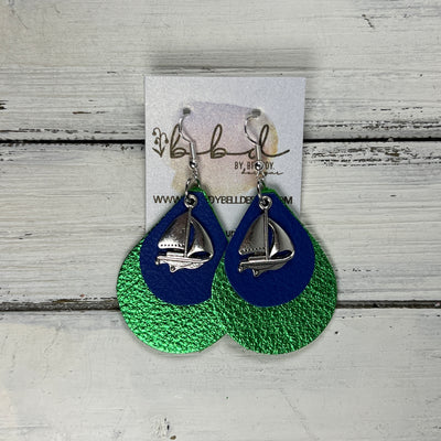 LINDSEY  (WITH SILVER METAL SAILBOAT)-  Leather Earrings  ||  <BR> MATTE COBALT BLUE, <BR> METALLIC GREEN PEBBLED