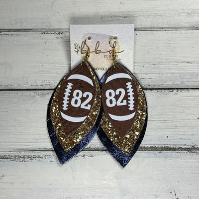 (CUSTOM) GINGER -  Leather Earrings  ||    <BR> BROWN (FAUX LEATHER) FOOTBALL WITH CUSTOM NUMBER,<BR>GOLD GLITTER (FAUX LEATHER), <BR> METALLIC NAVY BLUE SMOOTH