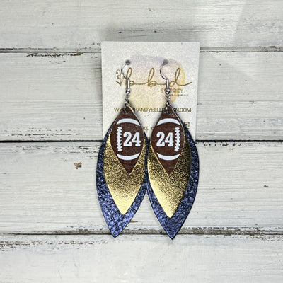 (CUSTOM) DOROTHY -  Leather Earrings  ||    <BR> BROWN (FAUX LEATHER) FOOTBALL WITH CUSTOM NUMBER,<BR>METALLIC GOLD SMOOTH, <BR> METALLIC NAVY BLUE PEBBLED