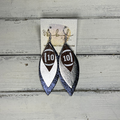 (CUSTOM) DOROTHY -  Leather Earrings  ||    <BR> BROWN (FAUX LEATHER) FOOTBALL WITH CUSTOM NUMBER,<BR> METALLIC SILVER SMOOTH, <BR> METALLIC NAVY BLUE SMOOTH