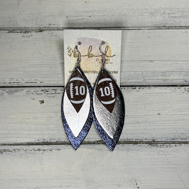 (CUSTOM) DOROTHY -  Leather Earrings  ||    <BR> BROWN (FAUX LEATHER) FOOTBALL WITH CUSTOM NUMBER,<BR> METALLIC SILVER SMOOTH, <BR> METALLIC NAVY BLUE SMOOTH