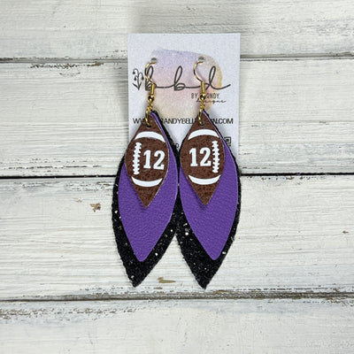 (CUSTOM) DOROTHY -  Leather Earrings  ||    <BR> BROWN (FAUX LEATHER) FOOTBALL WITH CUSTOM NUMBER,<BR> MATTE PURPLE, <BR>BLACK GLITTER (FAUX LEATHER)