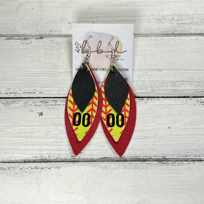 (CUSTOM) DOROTHY -  Leather Earrings  ||    <BR>MATTE BLACK,<BR> SOFTBALL THREADS WITH CUSTOM NUMBER, <BR> MATTE RED (CUSTOM COLORS AVAILABLE!)