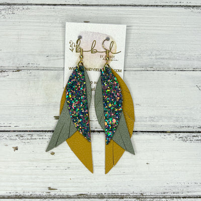 ANDY - Leather Earrings   ||  <BR> FOREST GLITTER (FAUX LEATHER),  <BR>  PEARLIZED OLIVE GREEN, <BR> MATTE MUSTARD YELLOW