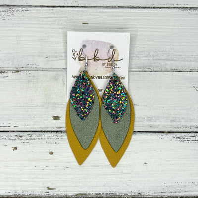 DOROTHY - Leather Earrings   ||  <BR> FOREST GLITTER (FAUX LEATHER),  <BR>  PEARLIZED OLIVE GREEN, <BR> MATTE MUSTARD YELLOW