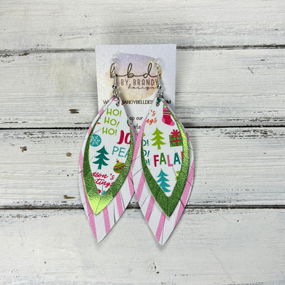 INDIA - Leather Earrings   ||  <BR> FALALA (FAUX LEATHER),  <BR> METALLIC LIME GREEN (FAUX LEATHER), <BR> PINK AND WHITE STRIPE