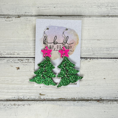 DANGLE CHRISTMAS TREE -  Leather Earrings  ||   <BR> NEON PINK GLITTER STAR, <BR> GREEN GLITTER (FAUX LEATHER)