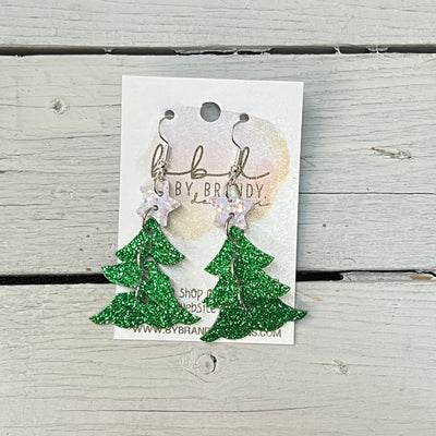 DANGLE CHRISTMAS TREE -  Leather Earrings  ||   <BR> IRIDESCENT GLITTER STAR, <BR> GREEN GLITTER (FAUX LEATHER)