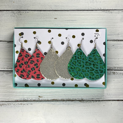 3pk  *ORIGINAL* ZOEY GIFT BOX! Leather Earrings <br> RED & GREEN LEOPARD , <br> METALLIC CHAMPAGNE DOTS, <BR> METALLIC GREEN LEOPARD