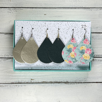 3pk  *ORIGINAL* ZOEY GIFT BOX! Leather Earrings <br> METALLIC CHAMPAGNE SMOOTH, <br> HUNTER GREEN, <BR> PINK & YELLOW FLORAL ON AQUA
