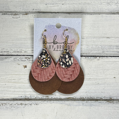 LINDSEY -  Leather Earrings  ||   <BR> BUTTERFLY WINGS, <BR> ROSE PINK BRAID, <BR> DISTRESSED BROWN