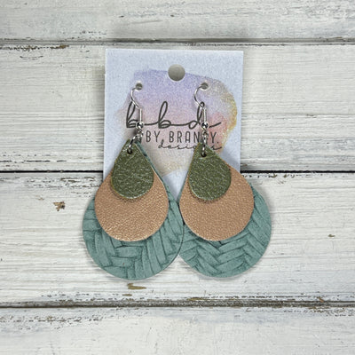 LINDSEY -  Leather Earrings  ||   <BR> PEARLIZED OLIVE, <BR> PEARLIZED PINK, <BR> DUSTY AQUA BRAID