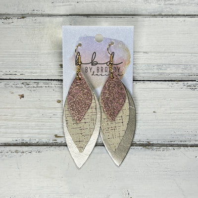 DOROTHY -  Leather Earrings  ||   <BR> SHIMMER VINTAGE PINK, <BR> ROSE GOLD HATCHING, <BR> METALLIC CHAMPAGNE SMOOTH