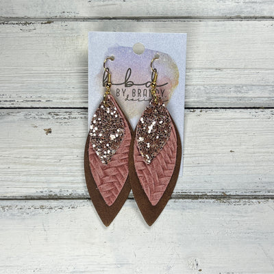 DOROTHY -  Leather Earrings  ||   <BR> ROSE GOLD GLITTER (FAUX LEATHER), <BR> ROSE PINK BRAID, <BR> DISTRESSED BROWN