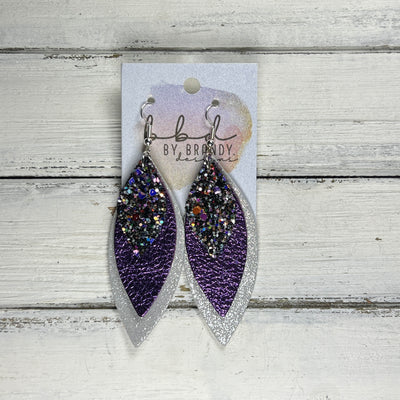 DOROTHY -  Leather Earrings  ||   <BR> TREASURE GLITTER (FAUX LEATHER), <BR> METALLIC PURPLE PEBBLED, <BR> SHIMMER SILVER