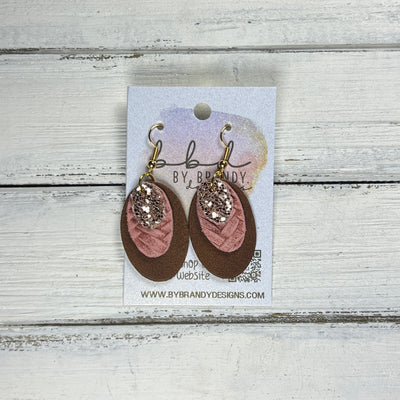 DIANE -  Leather Earrings  ||   <BR> ROSE GOLD GLITTER (FAUX LEATHER), <BR> ROSE PINK BRAID, <BR> DISTRESSED BROWN