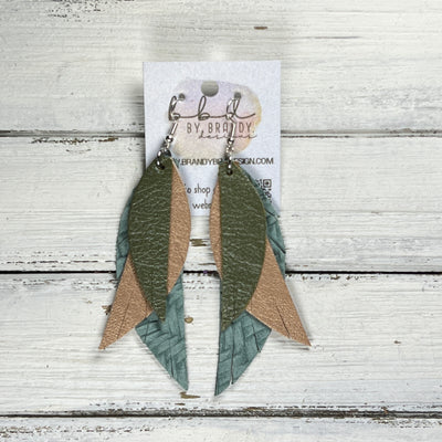 ANDY -  Leather Earrings  ||   <BR> PEARLIZED OLIVE, <BR> PEARLIZED PINK, <BR> DUSTY AQUA BRAID