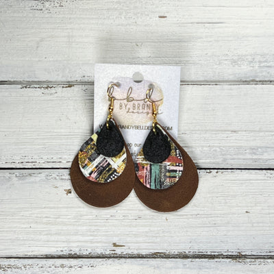LINDSEY -  Leather Earrings  ||   <BR> SHIMMER BLACK, <BR>FALL ABSTRACT BRUSHSTROKES, <BR> DISTRESSED BROWN