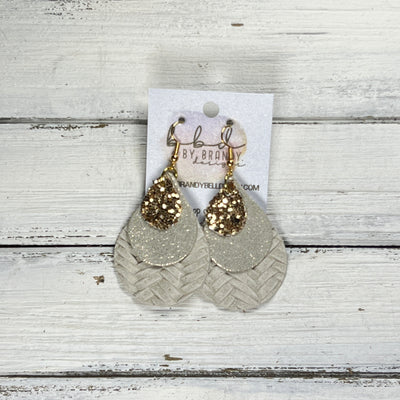 LINDSEY -  Leather Earrings  ||   <BR> GOLD GLITTER (FAUX LEATHER), <BR> SHIMMER ROSE GOLD, <BR> LINEN BRAID