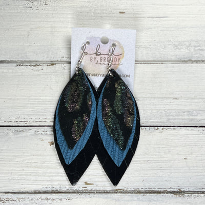 INDIA -  Leather Earrings  ||   <BR> IRIDESCENT LEOPARD ON BLACK, <BR> TEAL PALMS, <BR> METALLIC BLACK SMOOTH