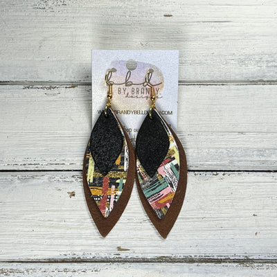 DOROTHY -  Leather Earrings  ||   <BR> SHIMMER BLACK, <BR> ABSTRACT FALL BRUSHSTROKES, <BR> DISTRESSED BROWN