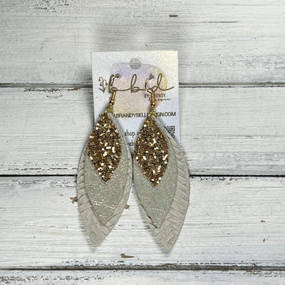 DOROTHY -  Leather Earrings  ||  <BR> GOLD GLITTER (FAUX LEATHER), <BR> SHIMMER ROSE GOLD, <BR> LINEN BRAID