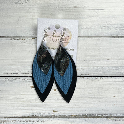 DOROTHY -  Leather Earrings  ||   <BR> IRIDESCENT LEOPARD ON BLACK, <BR> TEAL PALMS, <BR> METALLIC BLACK SMOOTH