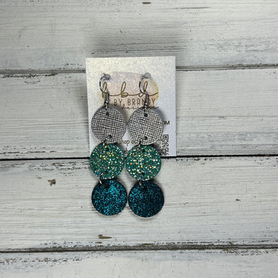 DAISY -  Leather Earrings  ||  <BR> METALLIC SILVER SAFFIANO, <BR> SPARKLE GREEN, <BR> SHIMMER TEAL