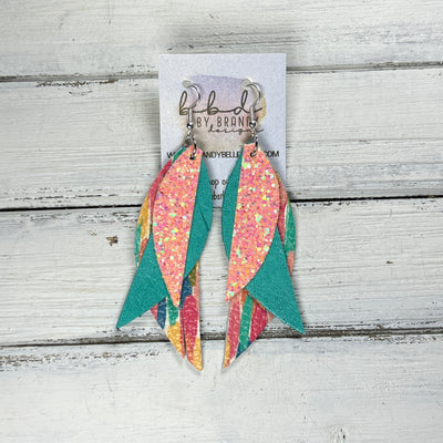 ANDY -  Leather Earrings  ||  <BR> PEACH GLITTER (FAUX LEATHER), <BR> PEARLIZED AQUA, <BR> COLORFUL CONFETTI
