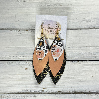 DOROTHY -  Leather Earrings  ||  <BR> CORAL FLORAL CHEETAH, <BR> PEARLIZED PEACH, <BR> GOLD CHINESE FANS ON BLACK