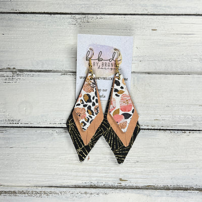 COLLEEN -  Leather Earrings  ||  <BR> CORAL FLORAL CHEETAH, <BR> PEARLIZED PEACH, <BR> GOLD CHINESE FANS ON BLACK