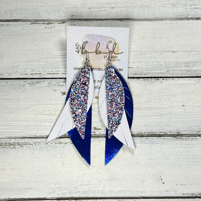 ANDY -  Leather Earrings  ||   <BR> AMERICANA GLITTER (FAUX LEATHER), <BR>MATTE WHITE, <BR> METALLIC COBALT BLUE SMOOTH