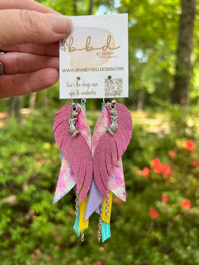 ROXY -  Leather Earrings  ||   <BR> MERMAID CHARM, <BR> SHIMMER BUBBLEGUM PINK, <BR> PINK TIE DYE, <BR> MATTE LILAC SMOOTH, <BR> MATTE BRIGHT YELLOW, <BR> AQUA PALMS