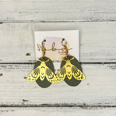 SUEDE + STEEL *Limited Edition* || Leather Earrings || BRASS BEE/BUTTERFLY/MOTH ACCENT || <BR> PEARLIZED OLIVE GREEN