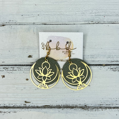 SUEDE + STEEL *Limited Edition* COLLECTION || Leather Earrings ||  <br> GOLD METAL LOTUS & MOON || <br> PEARLIZED OLIVE GREEN