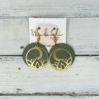 SUEDE + STEEL *Limited Edition* COLLECTION || Leather Earrings ||  <br> GOLD METAL FLOWER & MOON || <br> PEARLIZED OLIVE GREEN
