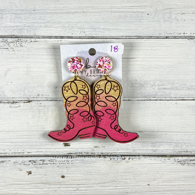 HAND-PAINTED WOODEN BOOTS -||  <br> Hand-painted earrings by Brandy Bell <br> PINK/GOLD/EWHITE Glitter studs + GOLD & PINK BOOTS