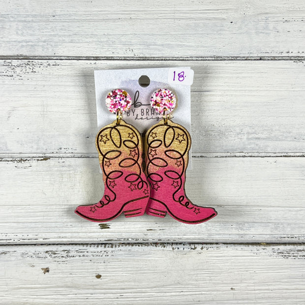 HAND-PAINTED WOODEN BOOTS -||  <br> Hand-painted earrings by Brandy Bell <br> PINK/GOLD/EWHITE Glitter studs + GOLD & PINK BOOTS