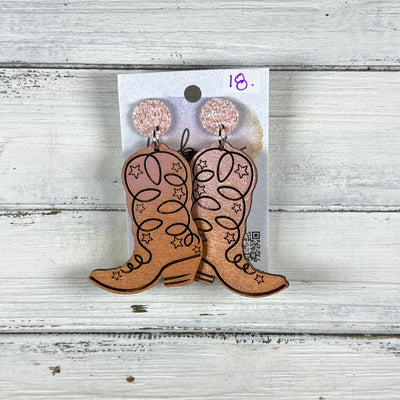 HAND-PAINTED WOODEN BOOTS -||  <br> Hand-painted earrings by Brandy Bell <br> LIGHT PINK Glitter studs + BLUSH & ROSE GOLD BOOTS