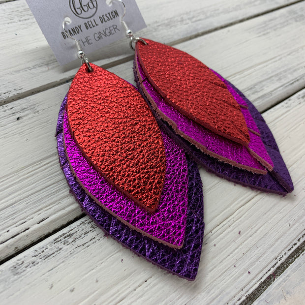 GINGER - Leather Earrings  ||  METALLIC RED PEBBLED, <BR> METALLIC NEON PINK, <BR> METALLIC PURPLE PEBBLED