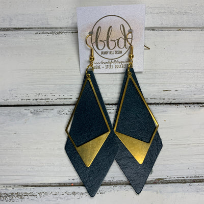 SUEDE + STEEL *Limited Edition* COLLECTION || Leather Earrings ||<BR> GOLD BRASS TRIANGLE, <BR> DISTRESSED DARK TEAL