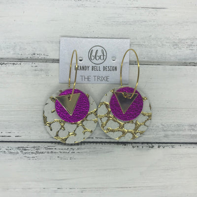 TRIXIE - Leather Earrings  ||    <BR> GOLD TRIANGLE, <BR> METALLIC NEON PINK,  <BR> WHITE WITH GOLD ACCENTS
