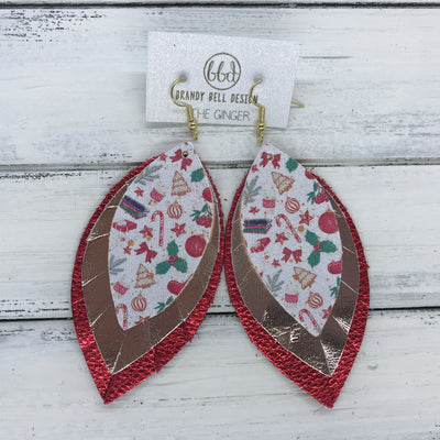GINGER - Leather Earrings  ||  <BR>  VINTAGE CHRISTMAS (FAUX LEATHER),  <BR> METALLIC ROSE GOLD SMOOTH, <BR> METALLIC RED PEBBLED