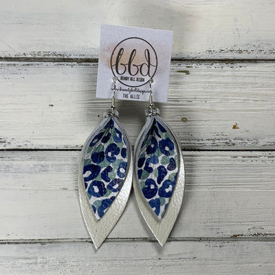 ALLIE -  Leather Earrings  ||  <BR> BLUE & SAGE CHEETAH, <BR> PEARL WHITE