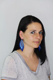 INDIA - Leather Earrings   ||  <BR> BLUE SURF PAINT STROKES,  <BR> TEAL PALMS,  <BR> MATTE BLACK