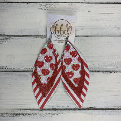 INDIA - Leather Earrings   ||  <BR>  RED HEARTS GLITTER (FAUX LEATHER),  <BR> SHIMMER RED, <BR> MINI RED & WHITE STRIPE