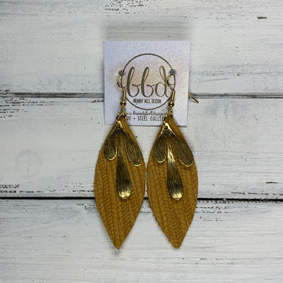 SUEDE + STEEL *Limited Edition* COLLECTION ||  Leather Earrings || GOLD BRASS LEAVES, <BR> MUSTARD PALMS