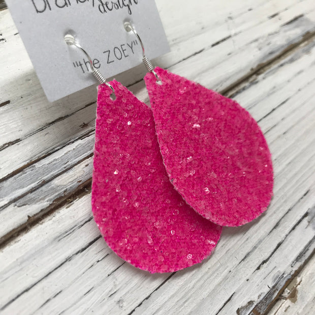 ZOEY (3 sizes available!) - GLITTER Earrings (Not real leather)   ||  NEON PINK