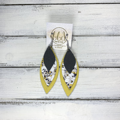 DOROTHY - Leather Earrings  ||  <BR> MATTE DARK GRAY, WHITE FLORAL ON GRAY, MATTE YELLOW