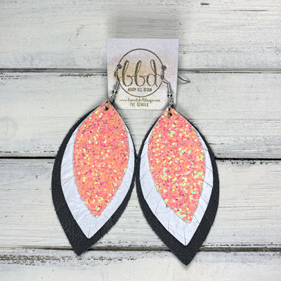 GINGER - Leather Earrings  ||  PEACH GLITTER (FAUX LEATHER), <BR> WHITE WESTERN FLORAL,<BR> MATTE DARK GRAY